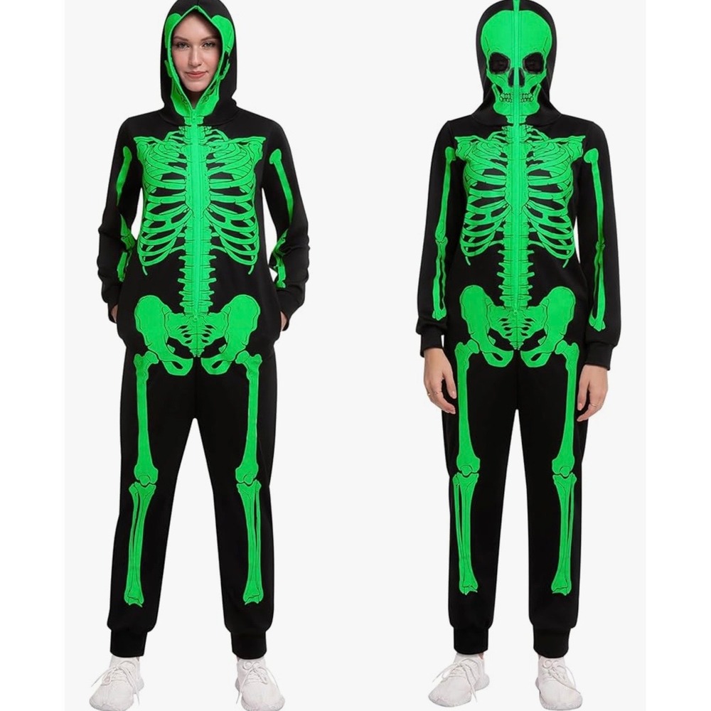NEW Women's Small Glow in the Dark Skeleton Jumpsuit Hooded Costume‎